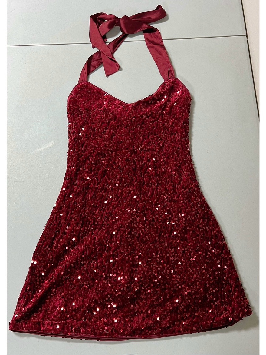 Red Burgundy Sequin Sequins Halter Mini Dress Size S #Sequin #Dress #Halter